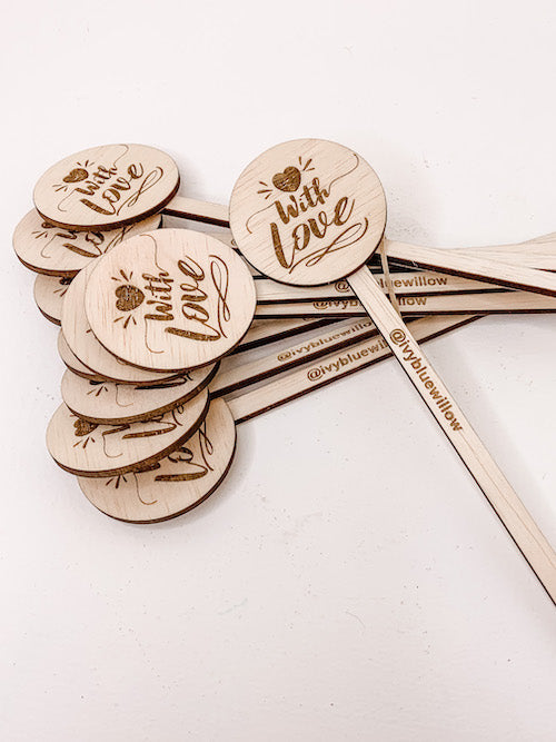 Wooden Engraved Gift Tag Sticks Variety of wooden engraved gift tag sticks. Dried and Preserved Flowers by Ivy Blue and Willow